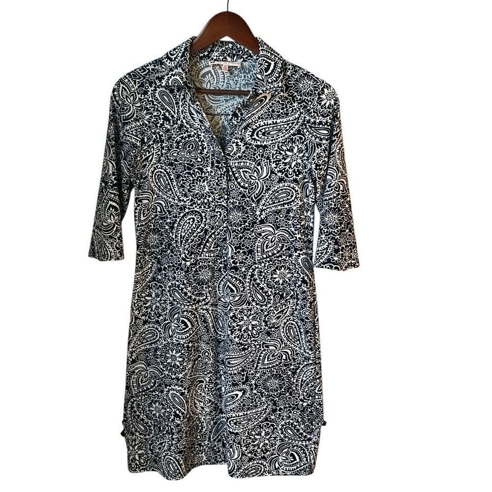 Jude Connally  Half Button Shirt Dress, XS. Navy Paisley Preppy